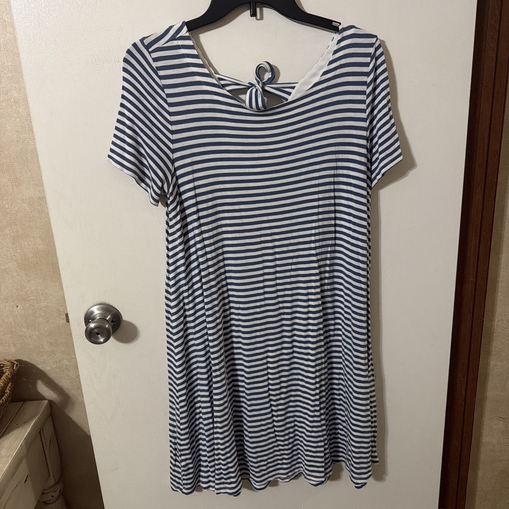 LOFT Ann Taylor Blue White Striped T-Shirt Dress Women's Medium Tie Back Dress